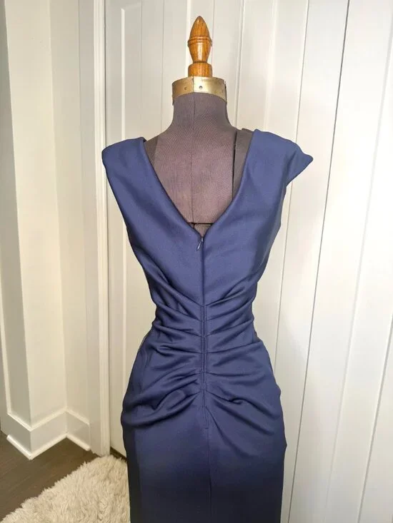 Navy Blue, Sequined Waist and Shoulder, Formal Evening Gown, Cap Sleeve, Size 6 - Picture 4 of 8